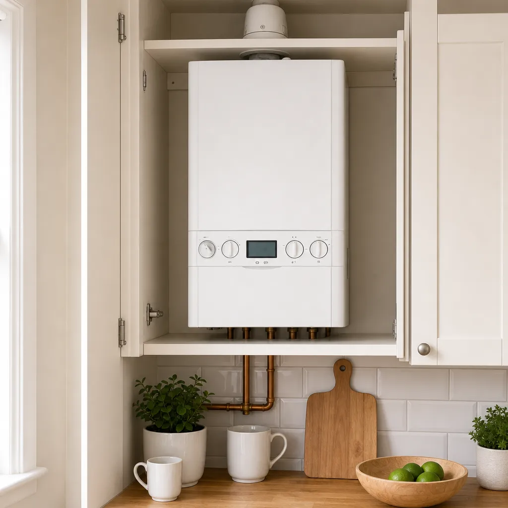 New combi boiler fitted in a kitchen cupboard