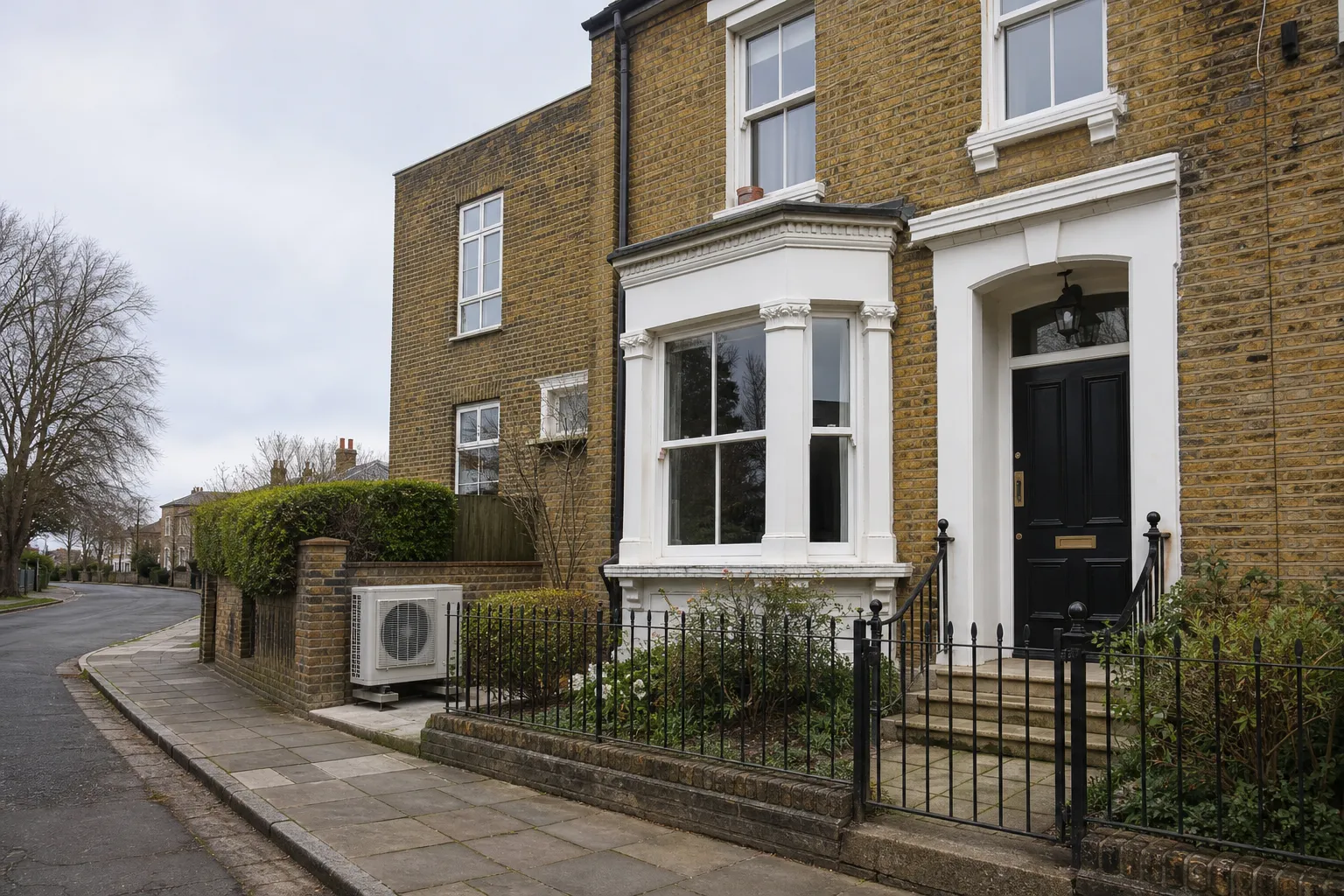Reading street of victorian brick terraces in the town's older streets with an air source heat pump