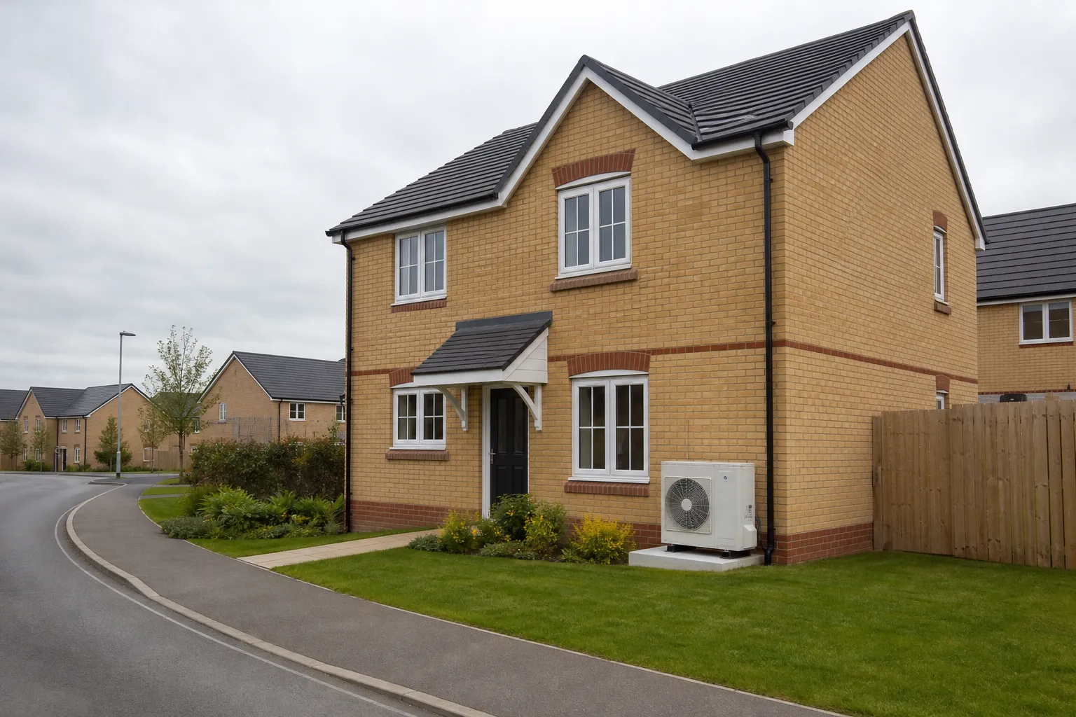 Swindon street of estates from the 1970s to today with an air source heat pump