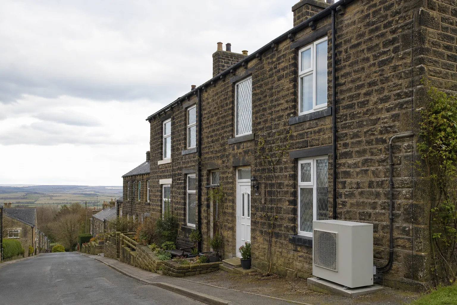 Bradford street of stone-built terraces and back-to-backs with an air source heat pump